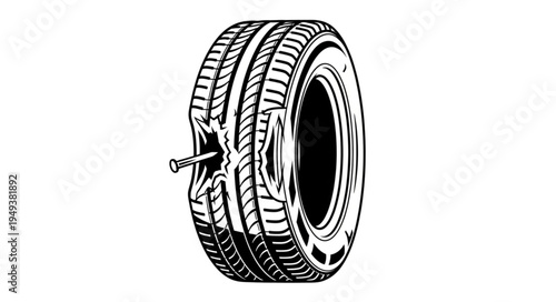 Tire Puncture Illustration - A Damaged Tire with a Nail.