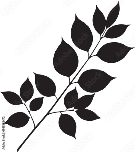 Branch with leaves vector silhouette illustration line art