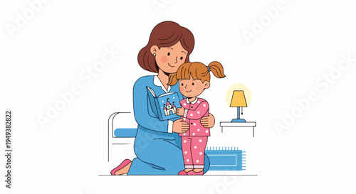 Mother reading a heartwarming bedtime story to her cute little daughter in pajamas, creating a loving family moment before sleep, illustrating parental care and bonding.