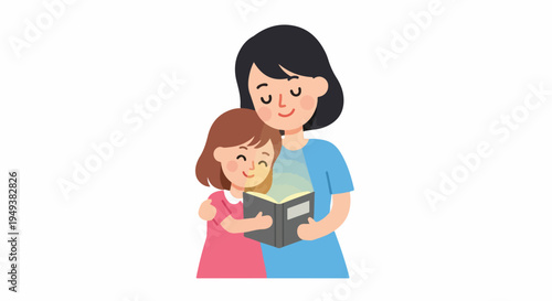 Mother and daughter reading a magical glowing book, symbolizing imagination, education, and bonding time together.