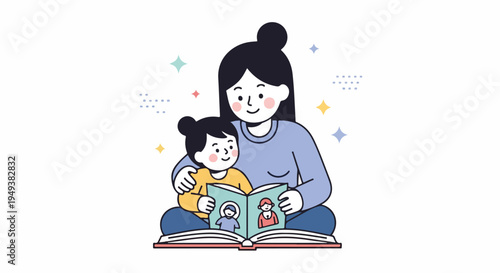 Mother and child reading a book together, illustration of family bonding, education, and imagination, with colorful stars and sparkles in the background.