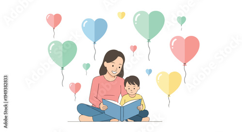 Mother and son reading a book together surrounded by colorful heart-shaped balloons, symbolizing love and education.