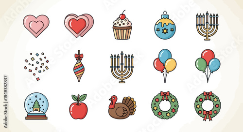 Festive icons hearts ornaments and celebratory symbols