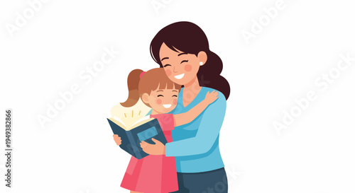 Happy mother hugging her daughter while reading an enchanting storybook, illustrating love, education, and cherished family moments.