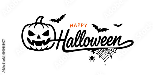 Happy Halloween typography logo featuring large pumpkin icon, spider web and bats, Perfect for October event branding, festive retail packaging, spooky social media marketing, and party invitations
