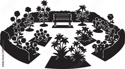 Garden landscape with bench vector silhouette illustration line art for outdoor park scene