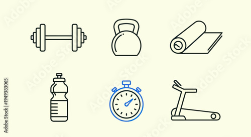 Fitness equipment icons on light background