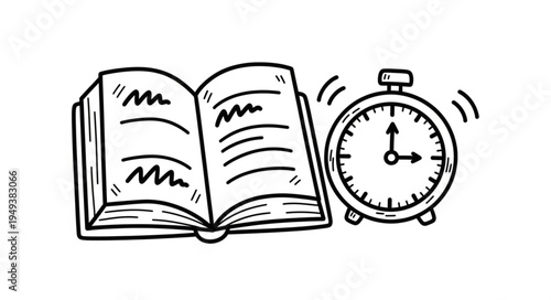 Hand Drawn Open Book and Alarm Clock Illustration.