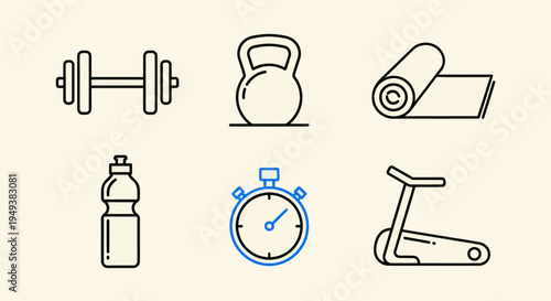 Fitness equipment icons on light background