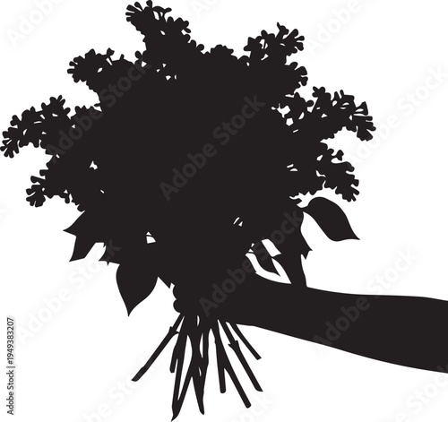 Hand holding flower bouquet vector silhouette illustration line art for greeting gift card