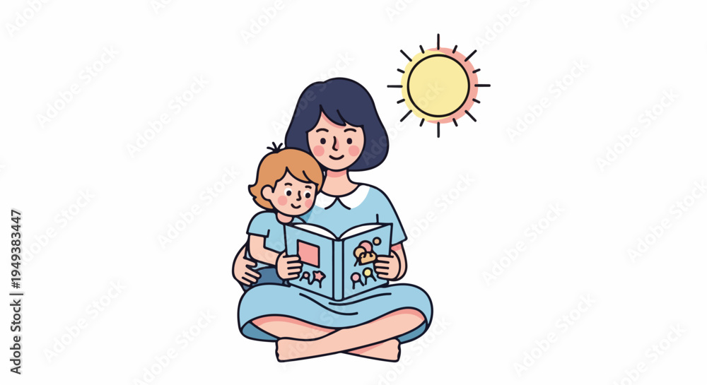 Naklejka premium Mother reading a book to her child under the sun, illustration of family bonding and childhood education