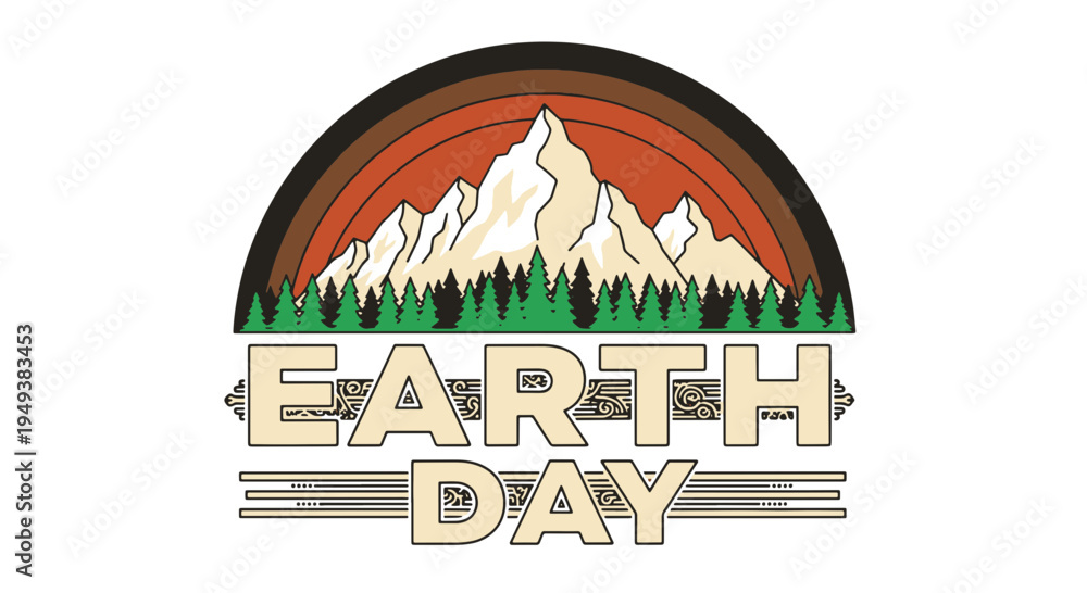 Naklejka premium Earth Day Mountains Forest Retro Rainbow Illustration Vintage Style