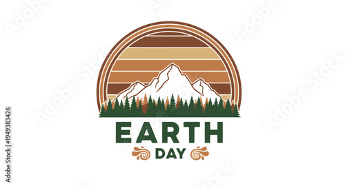 Earth Day Illustration with Mountains Forest and Retro Sunset Design