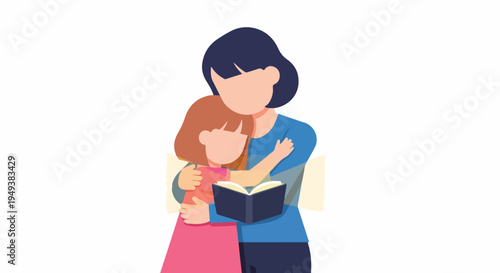 Mother and daughter reading a book together, illustration of family bonding, education and love