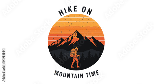Hike on Mountain Time Vintage Sunset Retro Style Illustration