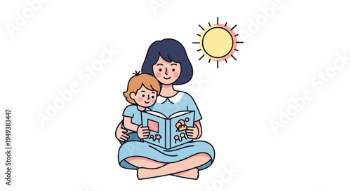 Mother reading a book to her child under the sun, illustration of family bonding and childhood education