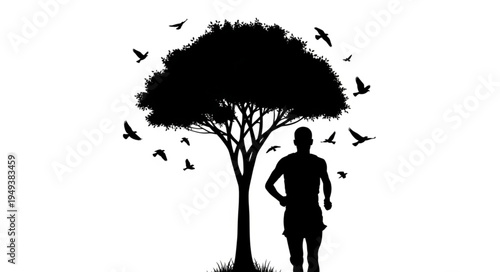 Silhouette of a man standing next to a tree with birds flying around.
