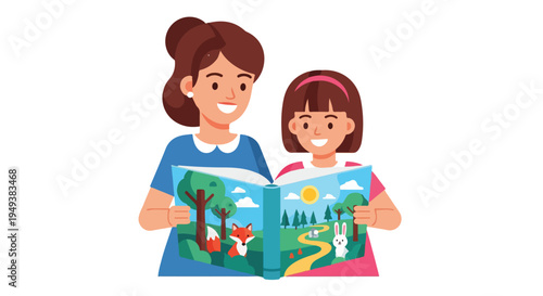 Mother and daughter reading a storybook together, enjoying a fantasy world with animals and nature illustrations.