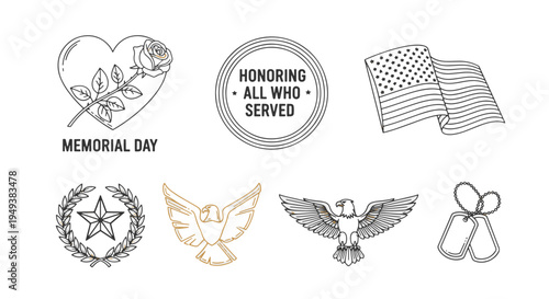 Memorial Day Symbols Heart Rose Eagle Flag Laurel Star Dog Tags Icons