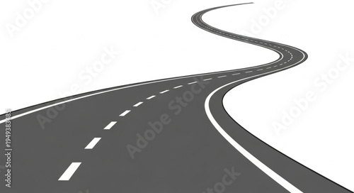 Curving Asphalt Road with White Lines on White Background.