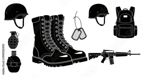 Military Equipment Icons Including Boots Grenade Helmet Backpack and Rifle