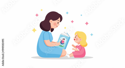 Happy mother reading a storybook to her little daughter, fostering imagination and learning during a sweet family moment. Childhood education and bonding.