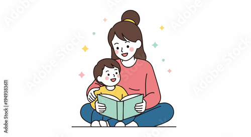 Happy mother and child reading a book together, sharing a precious moment of learning and bonding. Cute illustration of family storytelling and education.