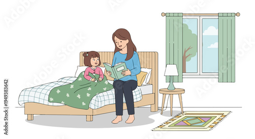 Mother reading a heartwarming bedtime story to her little daughter in bed, creating a cozy and loving family moment before sleep. Flat vector illustration of parenting and childhood.