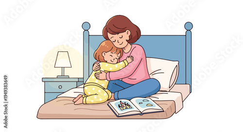 Tender illustration of a mother and daughter sharing a loving hug on the bed, depicting a comforting bedtime routine and strong family bond.