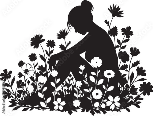 Woman sitting in flower field vector silhouette illustration line art for relaxation theme