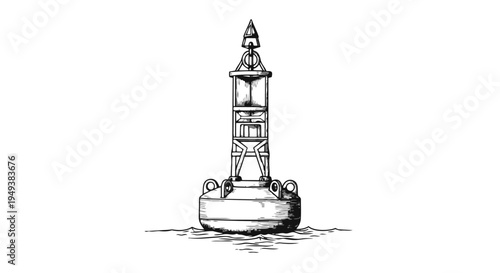 A black and white illustration of a small lighthouse on a floating base in the water