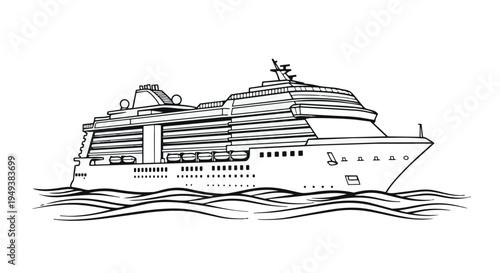 A large cruise ship sailing on the ocean with multiple decks and a prominent bow