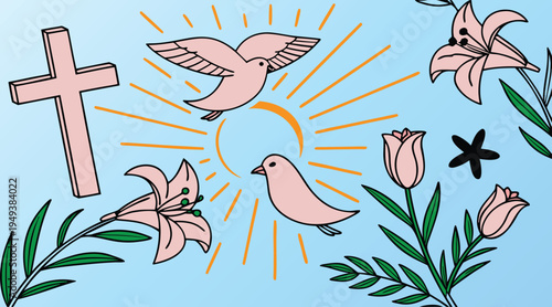 Christian religious symbol cross sun rays doves flowers leaves isolated on blue background