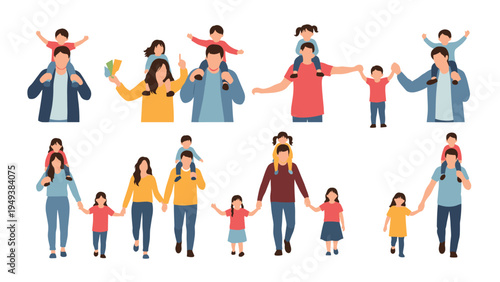 Diverse collection of families with parents carrying children on shoulders or holding hands while walking in various social groups.