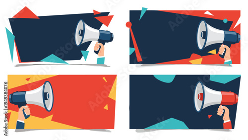 Set of colorful banner backgrounds with hands holding megaphones for announcement, marketing, promotion, and advertising purposes.