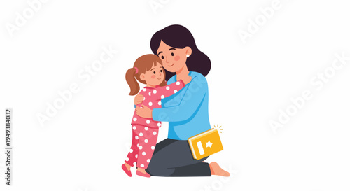 Mother hugging her daughter in pajamas, conveying love, care, and bedtime routine, illustration
