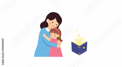 Mother hugging daughter next to a magical open book with stars and sparkles, symbolizing imagination and storytelling