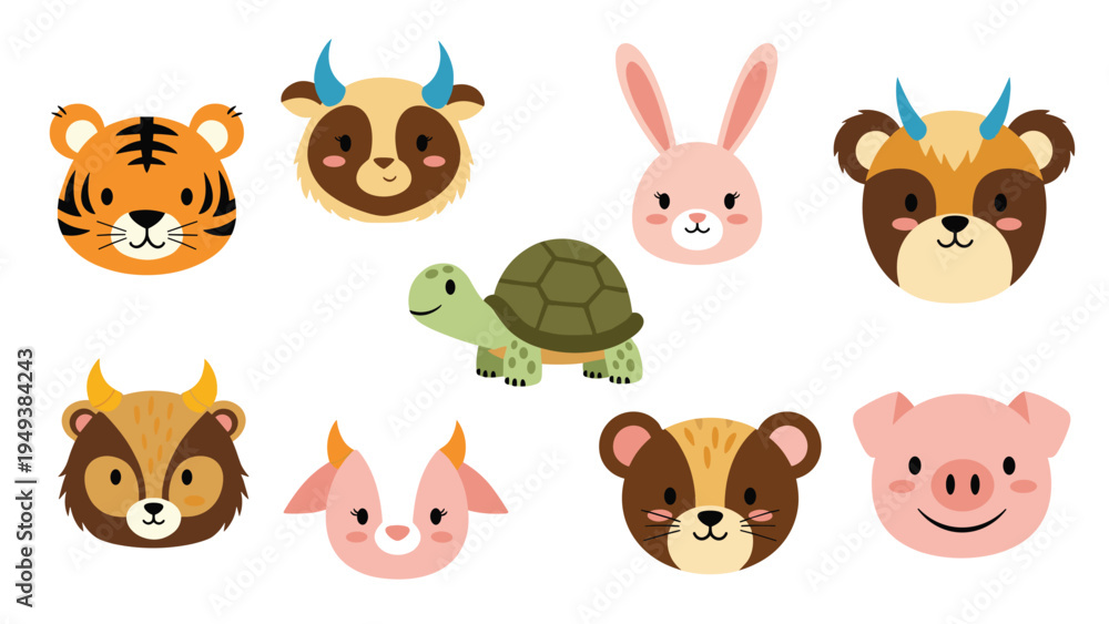 Fototapeta premium Set of cute cartoon animal faces including a tiger, cow, rabbit, bear, turtle, pig, and sheep for children educational designs.