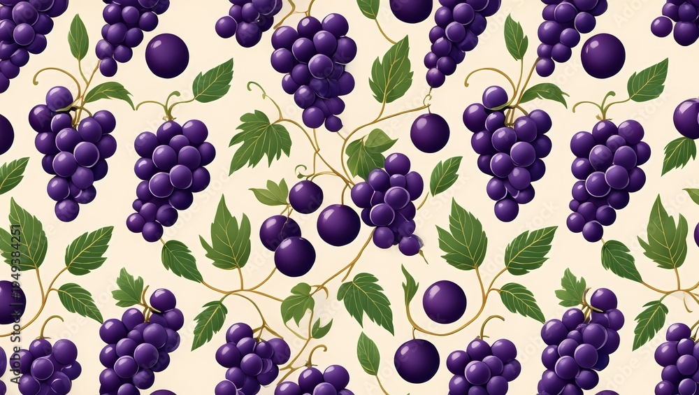 Fototapeta premium Top-down view of a decorative seamless pattern featuring purple grape bunches and green vine leaves on a light cream background under soft even lighting