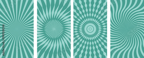 Teal psychedelic patterns in four panels with radiating lines and spirals
