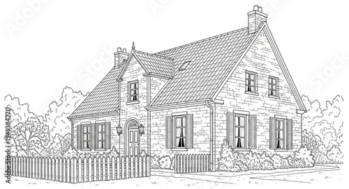 Detailed line art of a charming two-story house with a picket fence.