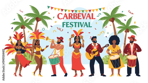 Vibrant carnival festival scene featuring diverse dancers in feather costumes and musicians playing drums and guitars in a park.