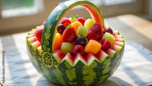Medium close-up of a decorative watermelon fruit basket filled with fresh strawberries raspberries and melon balls under soft natural window light