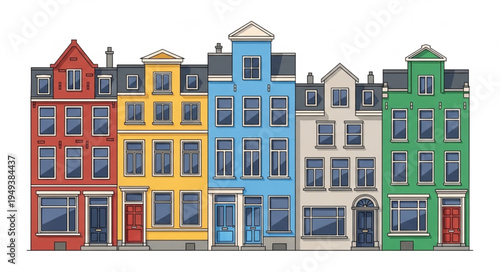Colorful row of traditional Dutch houses with unique architecture.