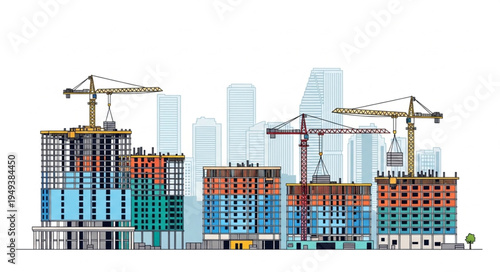 Construction of new modern city buildings with cranes.