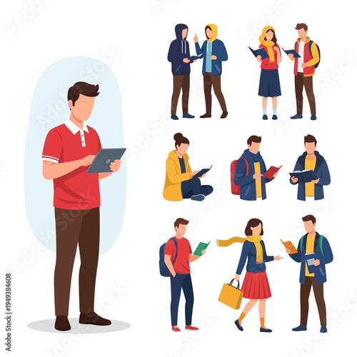 Students Engaging in Study: Illustrations depict students of diverse backgrounds, absorbed in their studies, utilizing tablets and books.