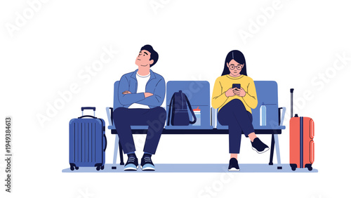Man and woman sitting on blue chairs in an airport terminal waiting area with their suitcases and backpacks while traveling alone.