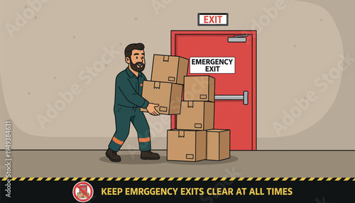 Delivery man clearing emergency exit with boxes in warehouse