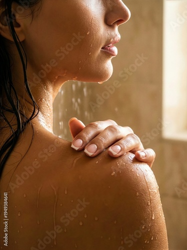 Woman enjoying a shower with water running over her bare shoulder and back