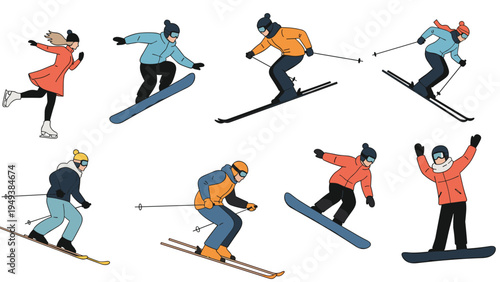 Set of people enjoying various winter activities such as skiing, snowboarding, and ice skating in stylish colorful outdoor gear.